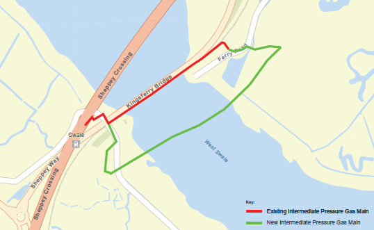 A map of the surrounding area of Kingsferry Bridge highlighting the locations of the existing and new gas mains as part of our project