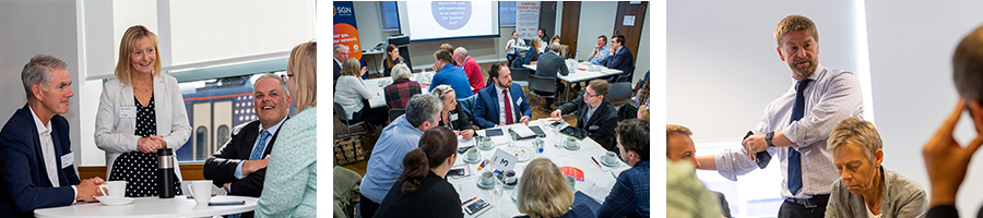 Three images showing SGN stakeholder events. All three images show a variety of people sitting together taking part in group discussions. 