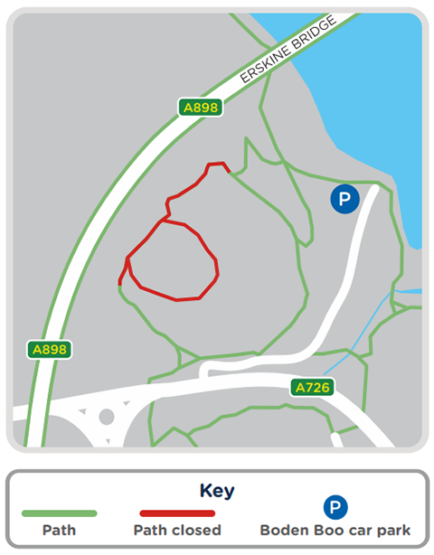 A map showing Boden Boo. Minor path diversions will be in place. We will keep the site open and members of the public will be able to walk around our works.