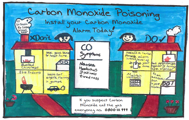 The award winning poster by Roven Fernando. Roven has drawn two houses with two headings, the do's and don'ts of carbon monoxide. 