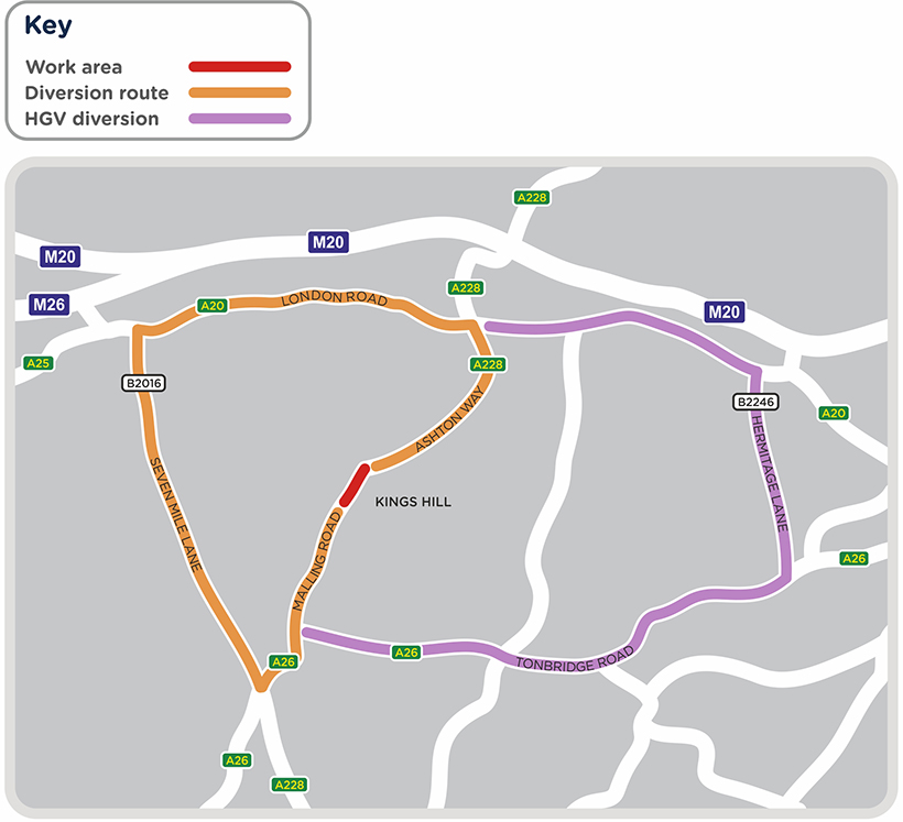 A map showing the diversions in Malling Road. SGN will temporarily close the A228 A228 Malling Road between its junctions with Gibson Drive and Ashton Way. A signed diversion will be in place for motorists via Seven Mile Lane and the A20 London Road.