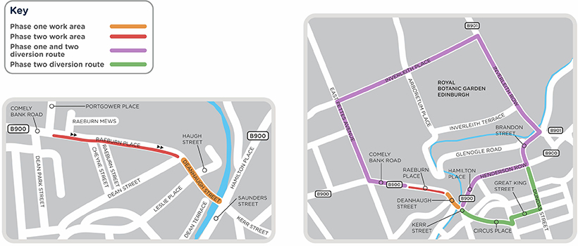 A map of diversions. Phase 1: Deanhaugh Street will be closed and a signed diversion route will be in place for motorists. Phase 2: Raeburn Place road will be closed to westbound traffic.