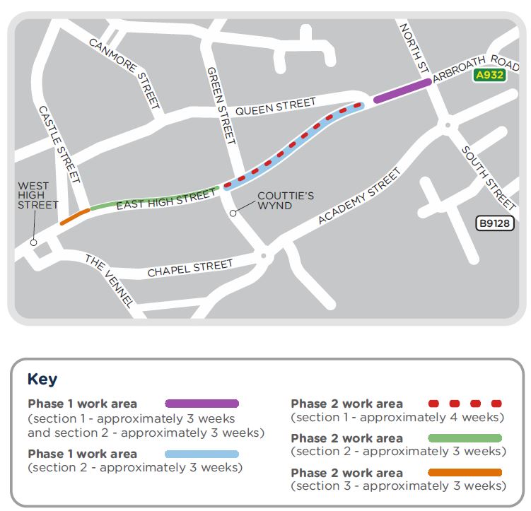 A map showing our planned phases of work. On 6 January 2020, we’ll start work in East High Street. From Monday 27 January 2020, we’ll need to temporarily close East High Street between Queen Street and Couttie’s Wynd. From 17 February 2020, we’ll need to close East High Street. From 16 March, we’ll close East High St eastbound between Castle Street and Couttie’s Wynd.  From 6 April, we’ll need to close East High Street to eastbound at Castle Street.