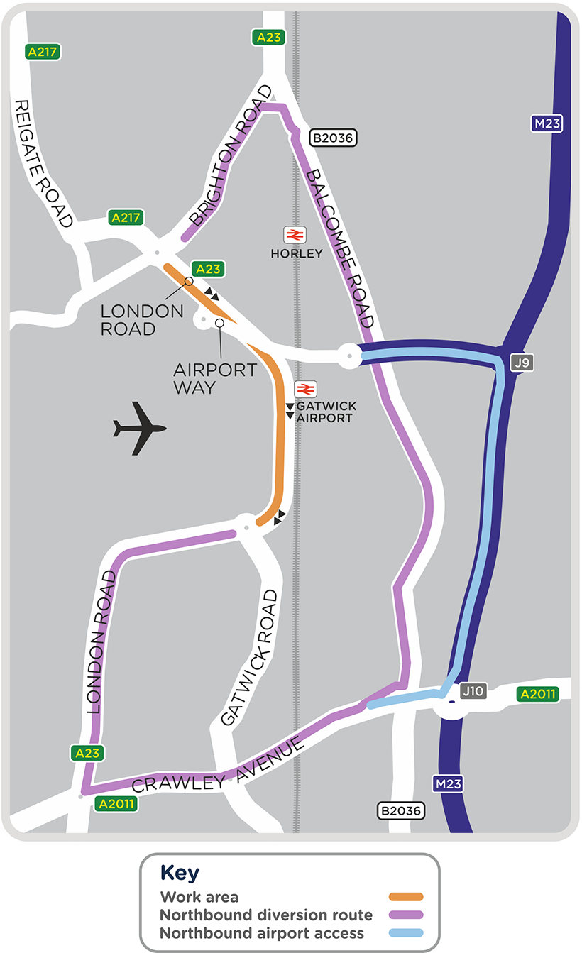 Map showing the work area and diversion route for our emergency work on the A23 London Road