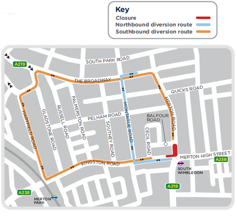 Map showing closure and diversion routes for our project in Merton Road