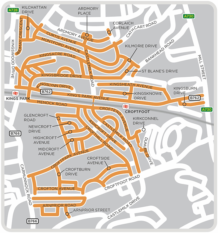 Map of streets in King's Park and Croftfoot in which we'll be working