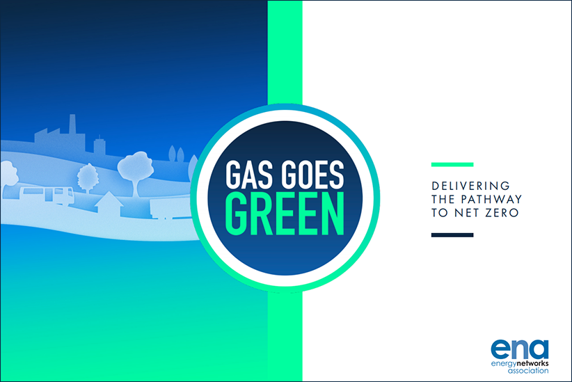 Illustration for Gas Goes Green including landscape, Gas Goes Green logo, campaign strapline 'Delivering the pathway to net zero' and ENA logo