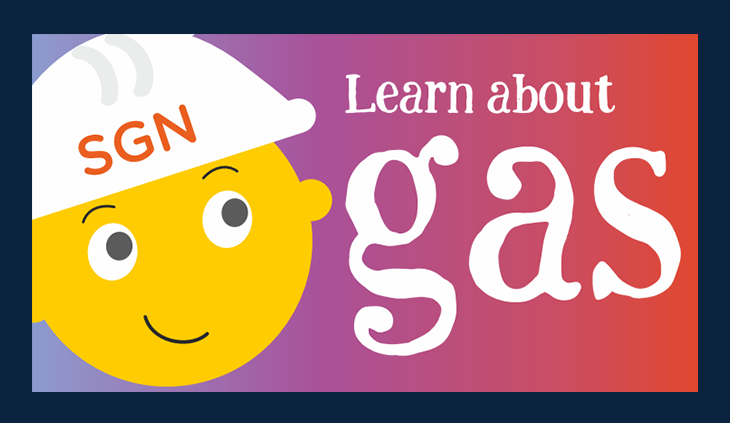 Emoji style face smiling and wearing a SGN hard hat next to text saying learn about gas text 