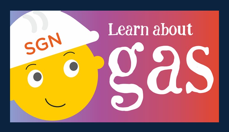 Emoji style face smiling and wearing a SGN hard hat next to text saying learn about gas text