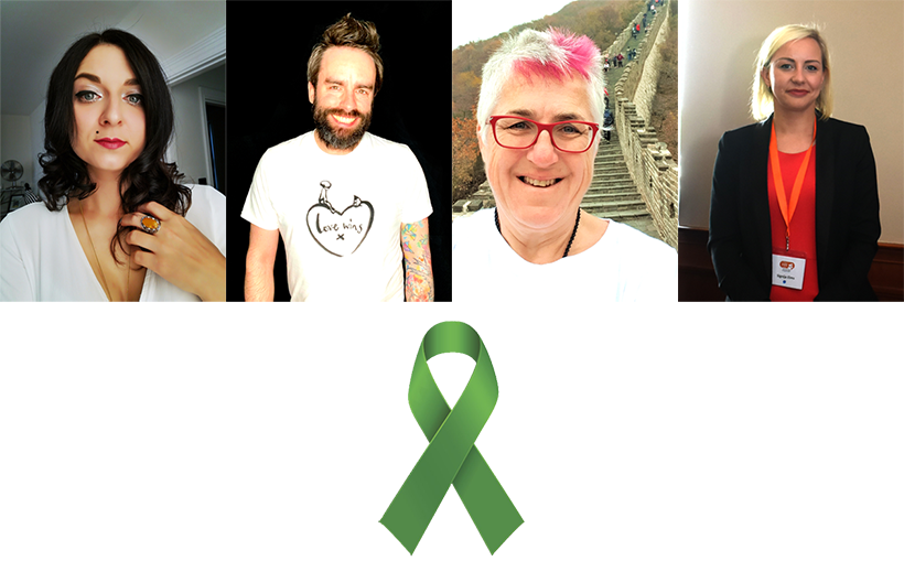 Photos of Julia Prosina, Bradley Barlow, Pauline Sharp and Signija Elms above a green ribbon