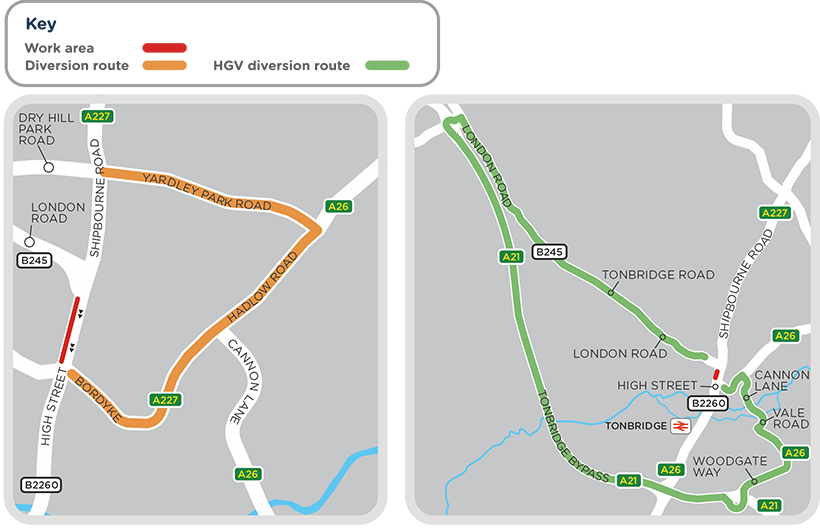 Map showing the closure area and diversion routes for our work in Tonbridge High Street