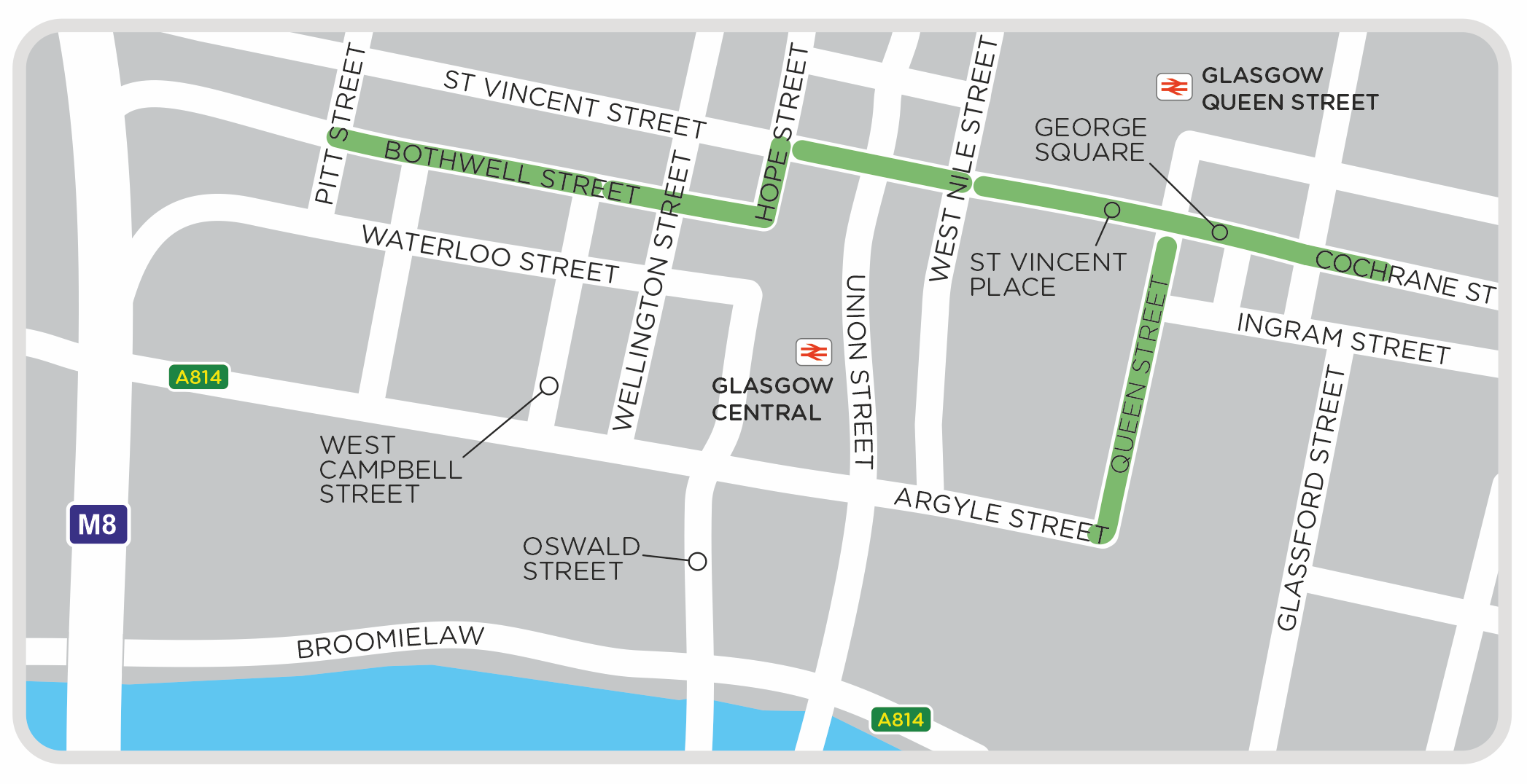 A map showing various streets in Glasgow’s City Centre where gas network upgrades have been completed.