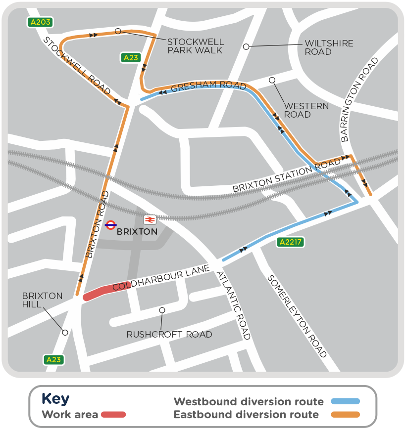 Map of the diversion route for our Coldharbour Lane, Brixton project