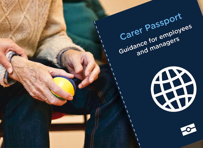An elderly person holding a ball alongside the cover of our Carer Passport
