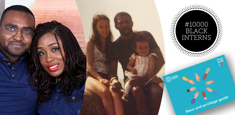 Photos of Sunny and Gloria, Tara as a child with her parents, the 10,000 Black Interns logo, and the race and privilege guide cover