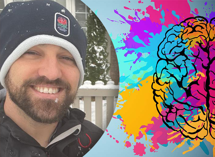 A photo of Chris Barnes alongside a brain with colour explosions