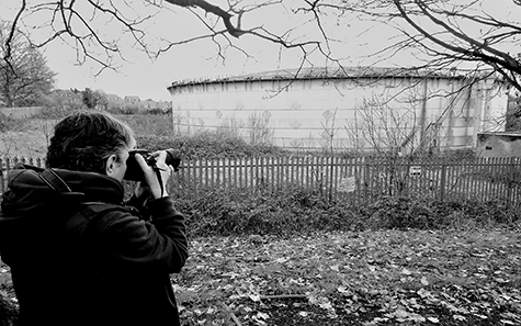 Laura Fisher in action, capturing her final gas holder in Worcester 