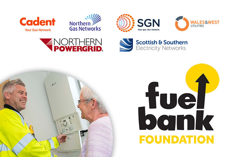 An SGN engineer with a woman and her gas boiler. Logos for Fuel Bank Foundation, Cadent, Northern Gas Networks, SGN, Wales and West Utilities, Northern Powergrid and SSEN
