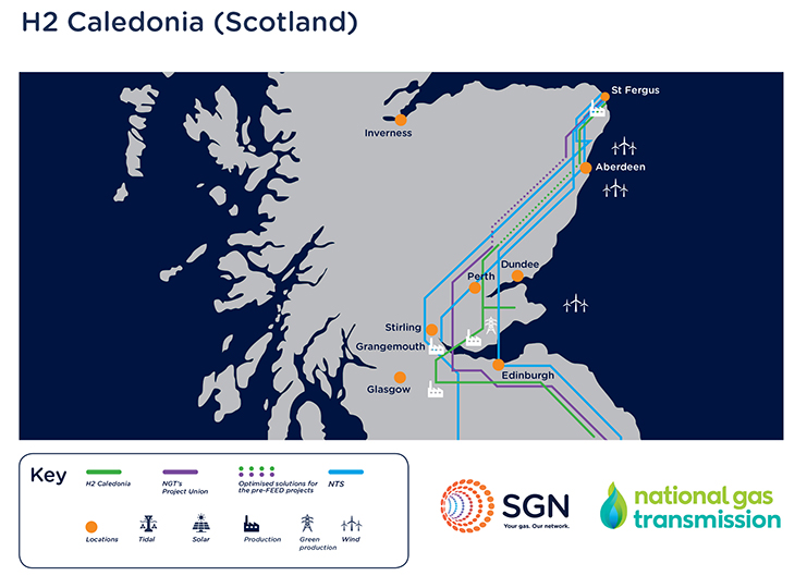 Map of Scotland showing the integration of hydrogen pre-FEED pipelines and other infrastructure with key, plus SGN and National Grid Transmission logos