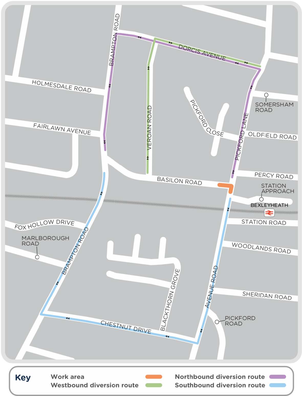 Map of roadworks in Pickford Lane, Bexleyheath