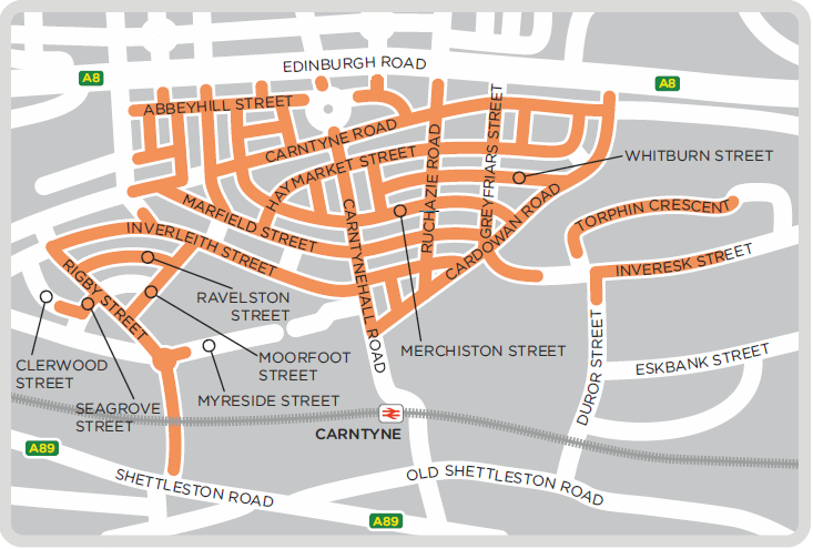 A map showing all the streets in which we'll be working in Carntyne