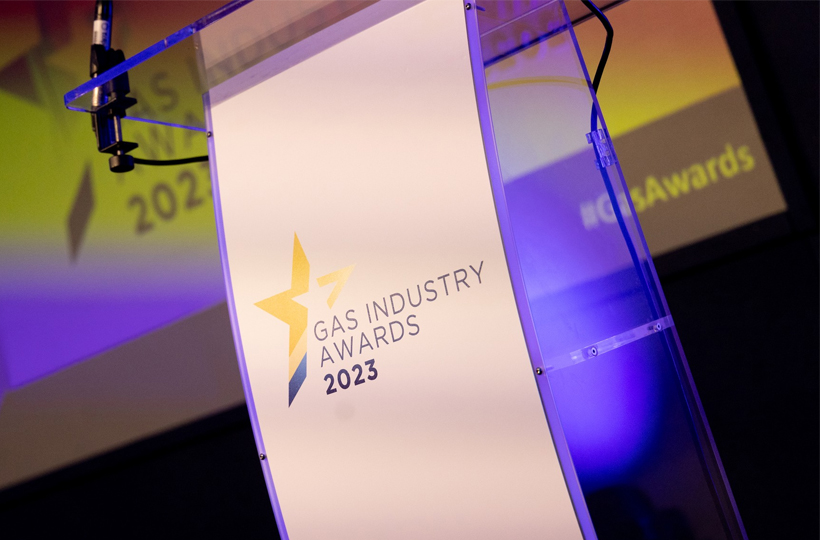 White podium with the Gas Industry Awards 2023 logo