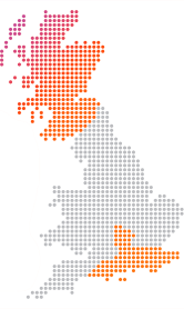 Abstract map showing the areas covered by the SGN network - all of Scotland and some of Southern England.