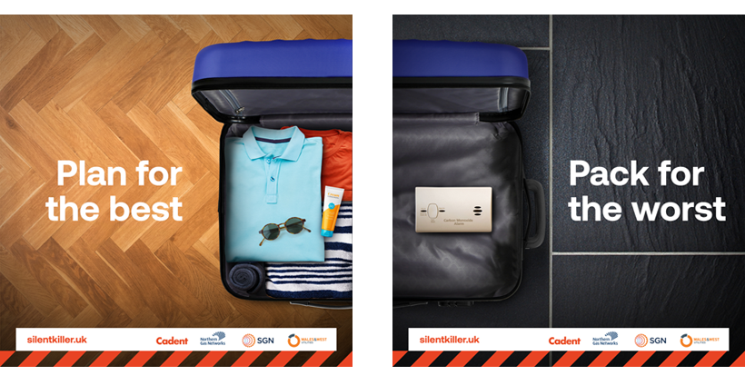 2 social media posts. The first shows a suitcase packed for a holiday along with the words 'Plan for the best'. The second shows the other side of the suitcase with a carbon monoxide detector and the words 'Pack for the worst'