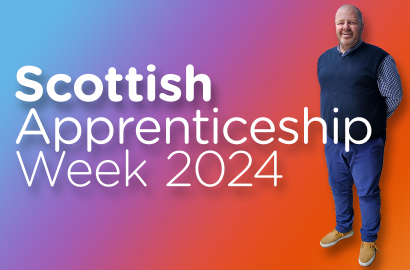 A man stood against an orange, purple, blue gradient. Text: Scottish Apprenticeship Week 2024