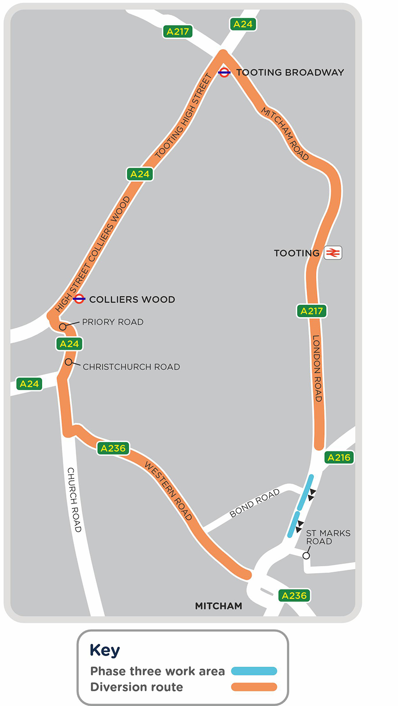 Map for work area and diversion for phase 3 of work in London Road, Mitcham
