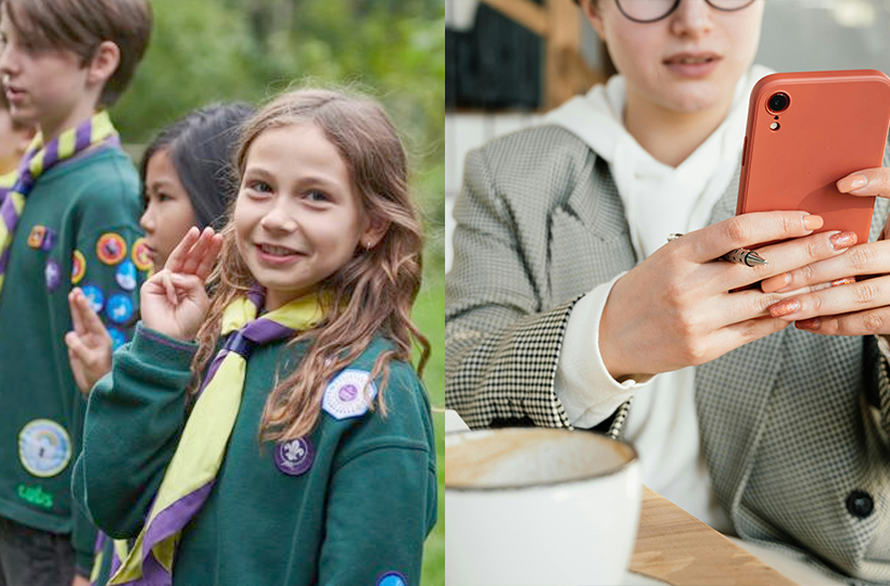A group of Scouts adopting the Scout salute and sign next to a photo of a young woman using a mobile phone next to a cup of coffee