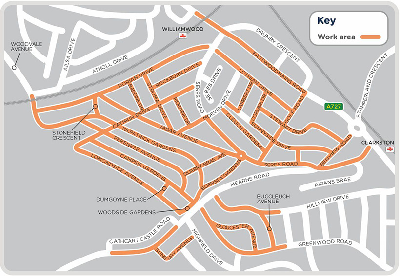 Map highlighting streets being worked in