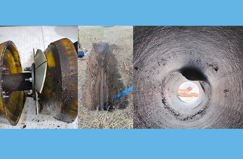 Three shots in one frame showing damage to high pressure pipeline, with the last picture showing it after repair