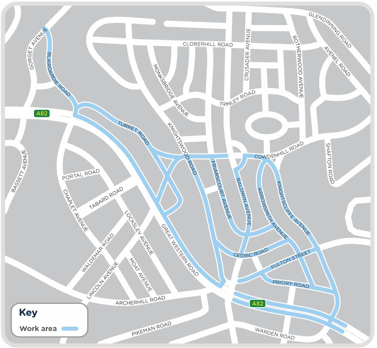 A map showing the Knightswood Road area of Glasgow