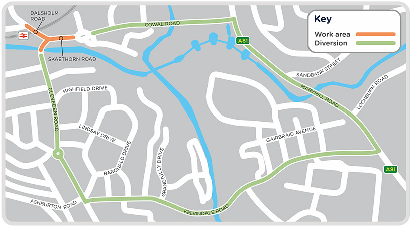 A map showing where we'll be working and the diversion route during road closures