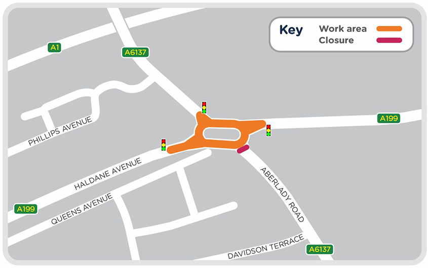 Haddington A199 project map showing temporary traffic lights and road closure