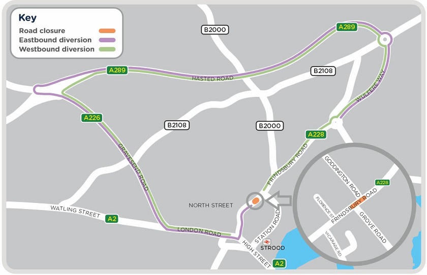 A map showing the closure area and diversion routes for work along A228 Frindsbury Road