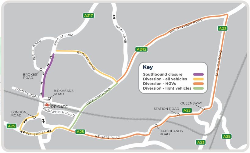 A map showing the closure area and diversion routes for work along A217 Reigate Hill