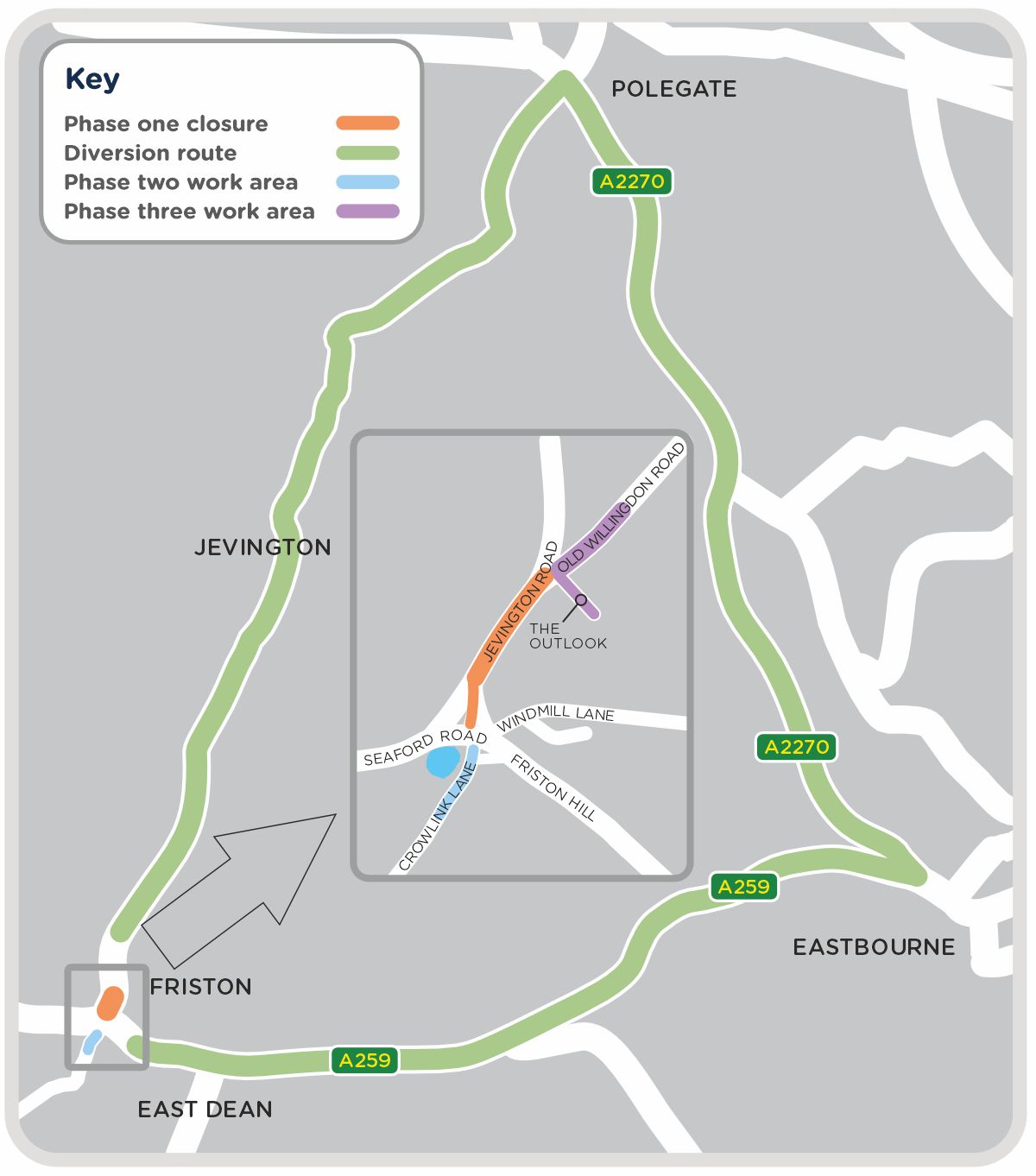 A map showing the closure area and diversion routes for work along Jevington Road