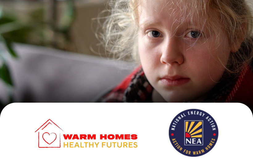A sad young child wrapped in a blanket, with the logos for NEA and Warm Homes Healthy Futures
