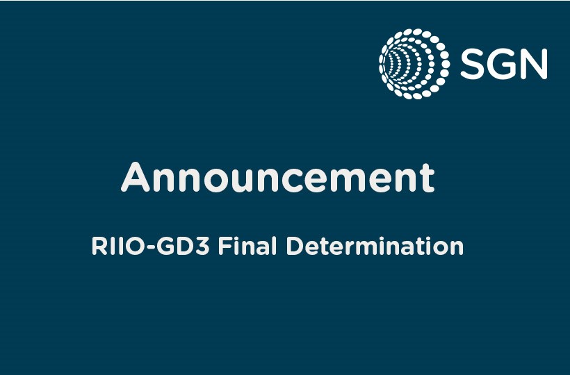 Words on SGN blue background which say Announcement and then RIIO-GD3 Final Determination 