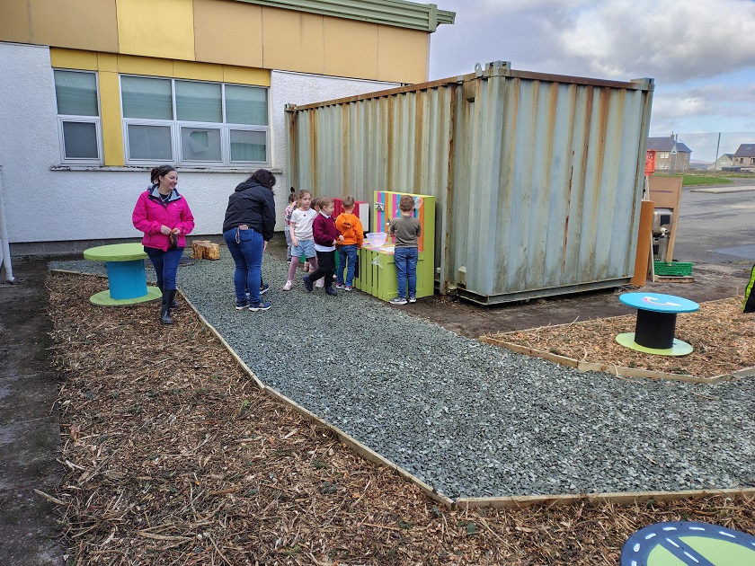 Pupils at Stornoway Primary School interact with the new outdoor space after recent CAP project