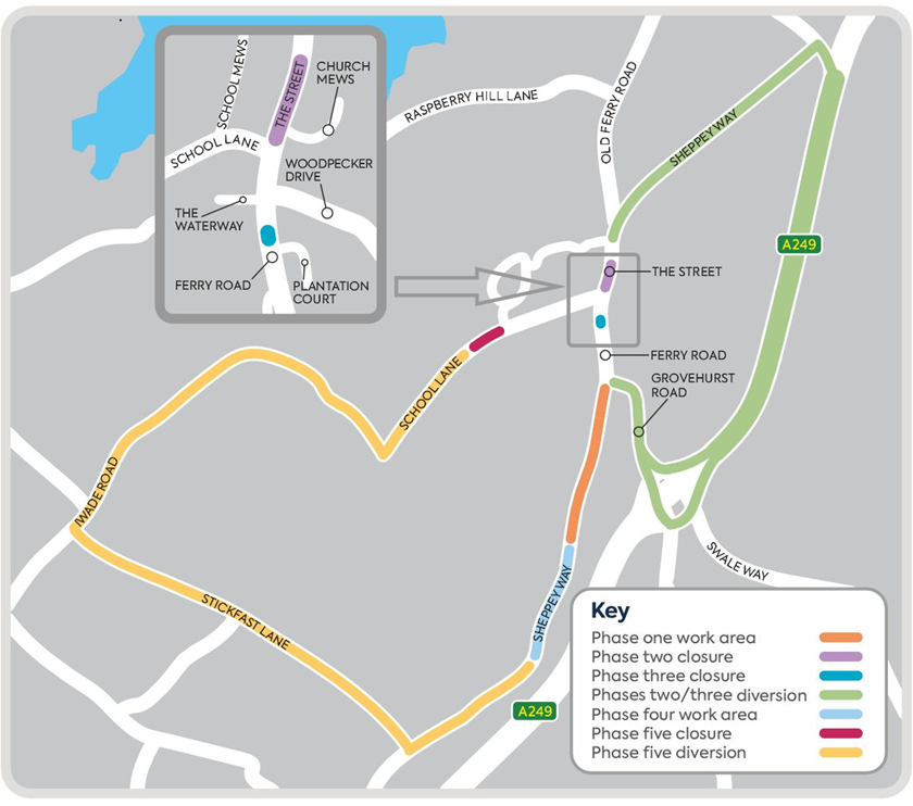 A map showing the closure area and diversion routes for work in Iwade