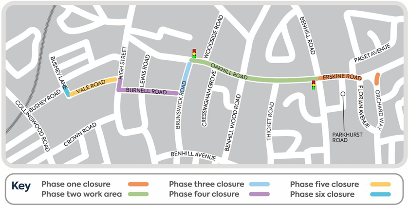 A map showing the closure area and diversion routes for work in the Burnell Road area