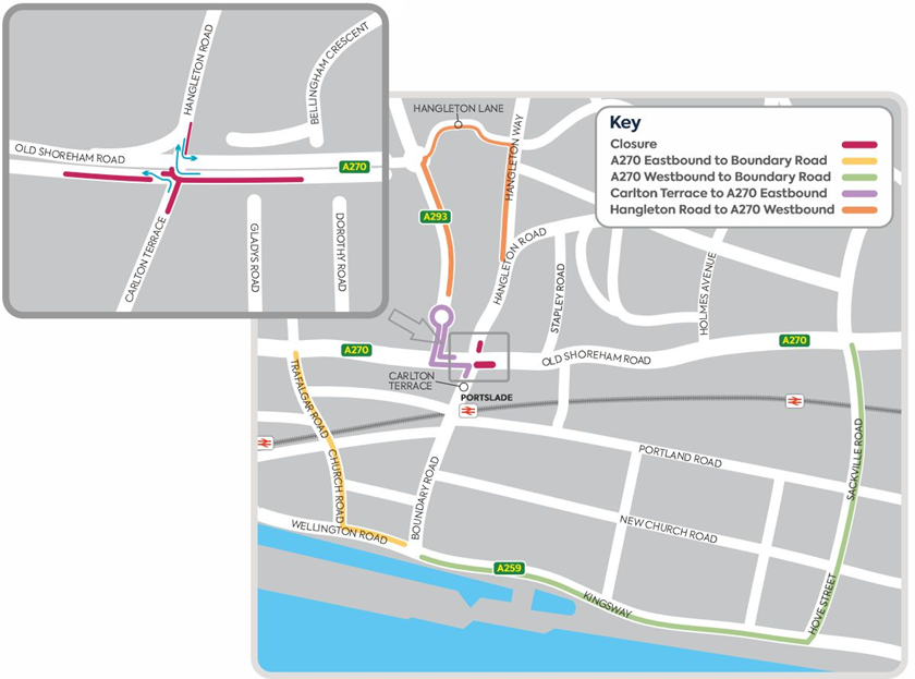 A map showing the closure area and diversion routes for work along Old Shoreham Road in Portslade