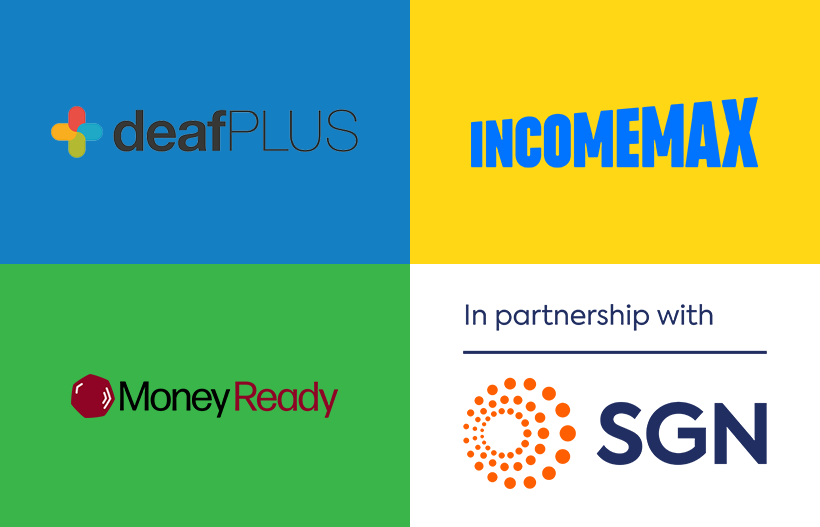 Logos for DeafPlus, IncomeMax and Money Ready