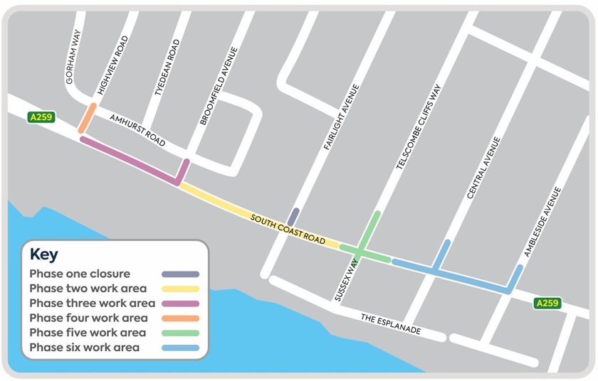 A map showing the phases work along A259 South Coast Road