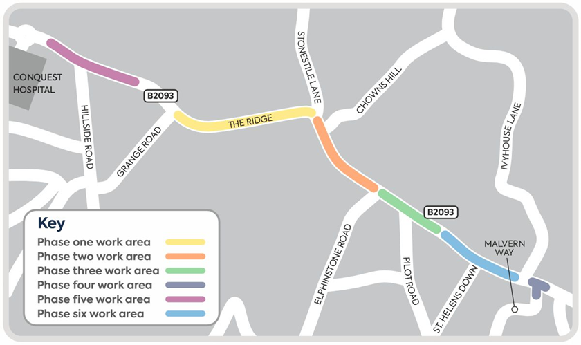 A map showing the work phases for upgrades along B2093