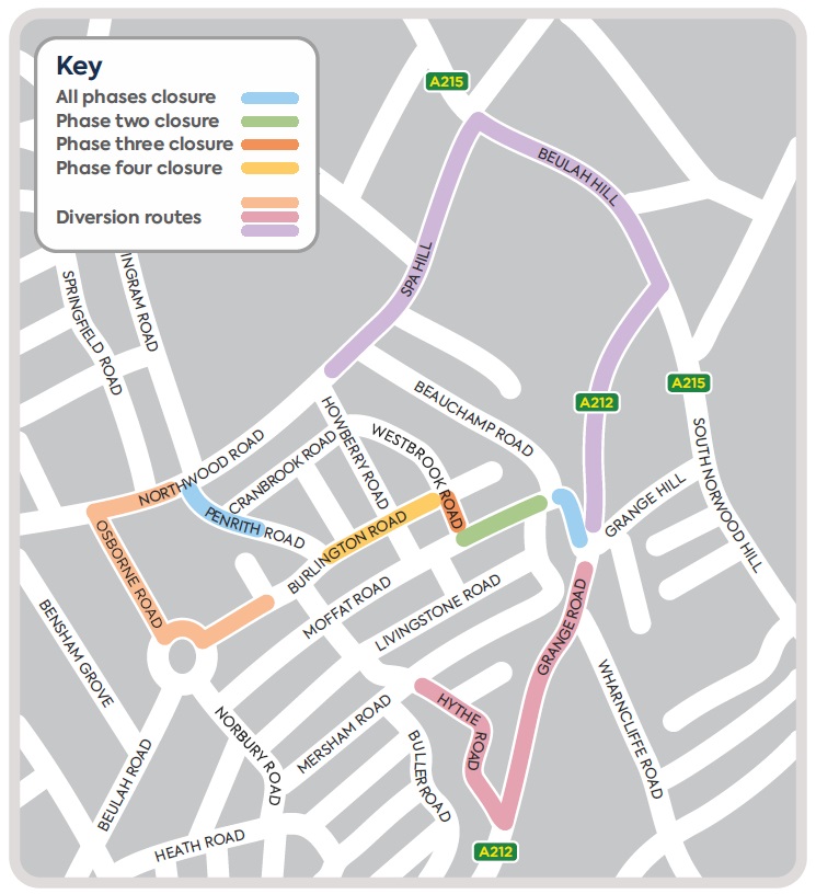 A map showing the closure area and diversion routes for work along Northwood Road