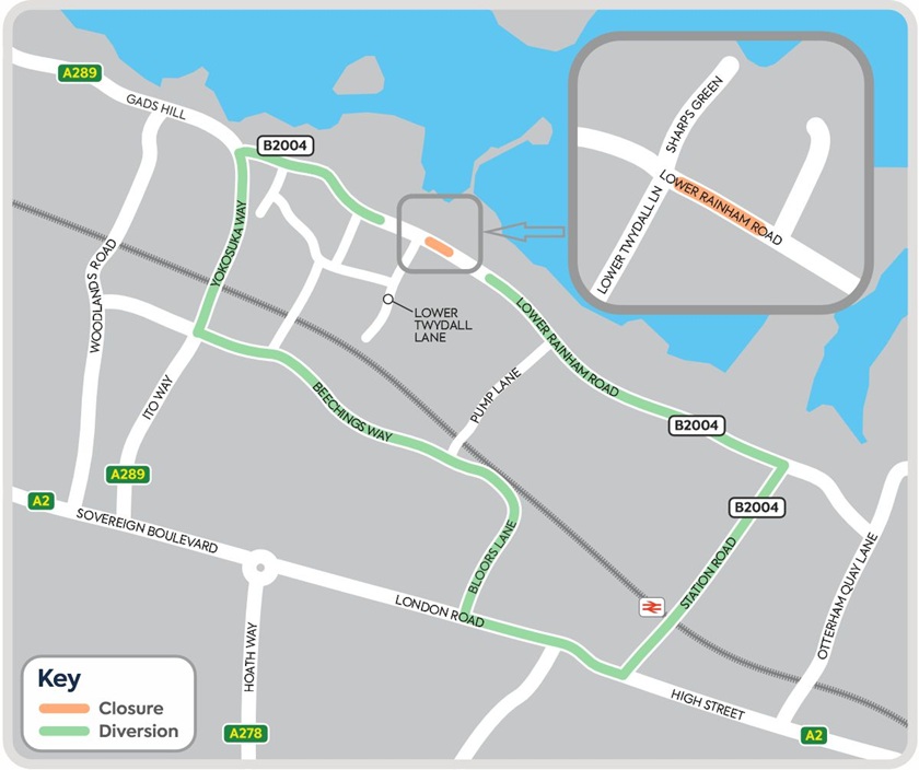 A map showing the closure area and diversion routes for work along Lower Rainham Road